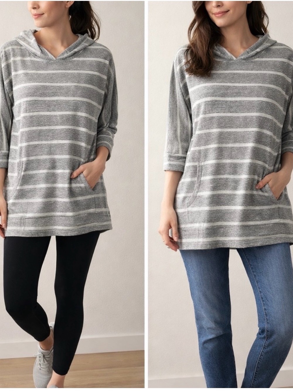 Long striped crew style shirt with hood and pocket small